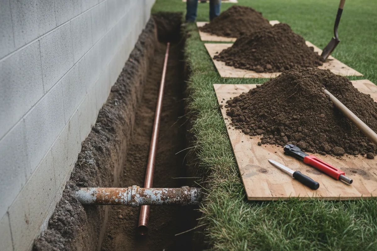 Excavated water line trench during Water Softener Installation in Somerset